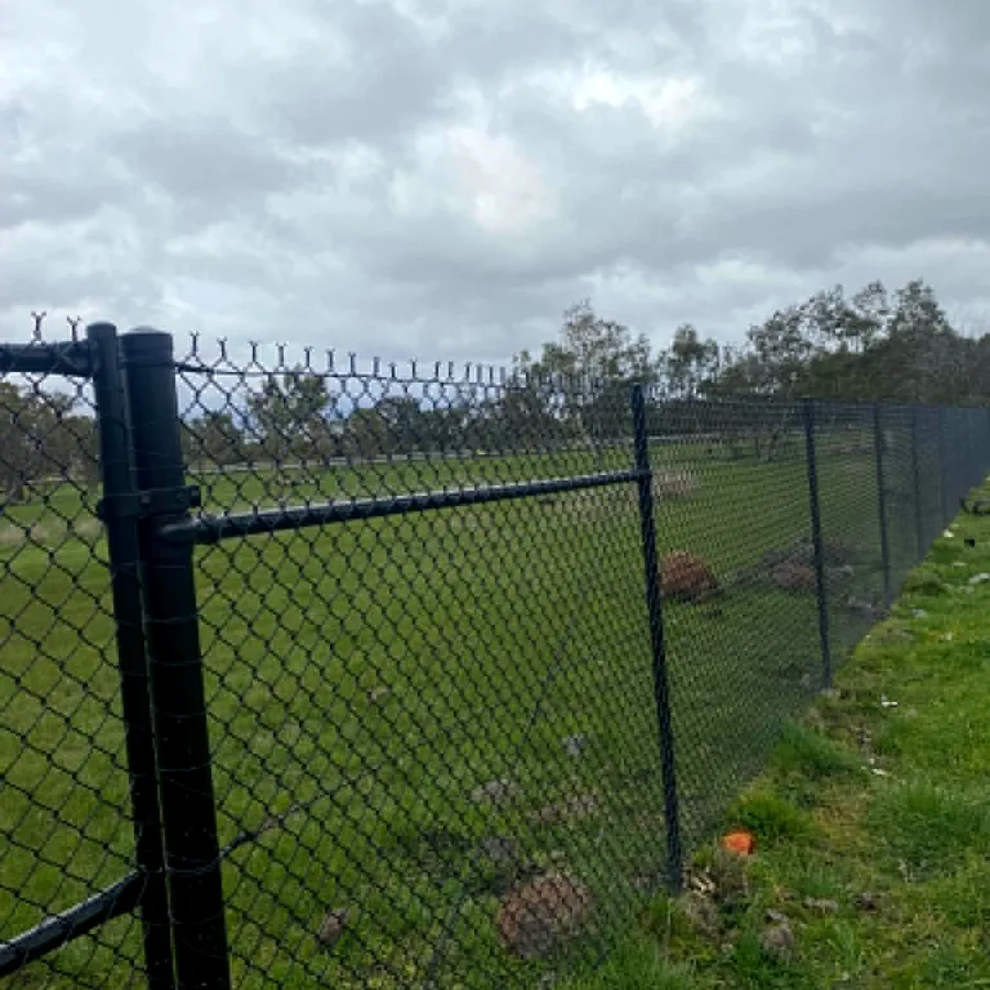Close view of black chain-mesh gate and top-rail details